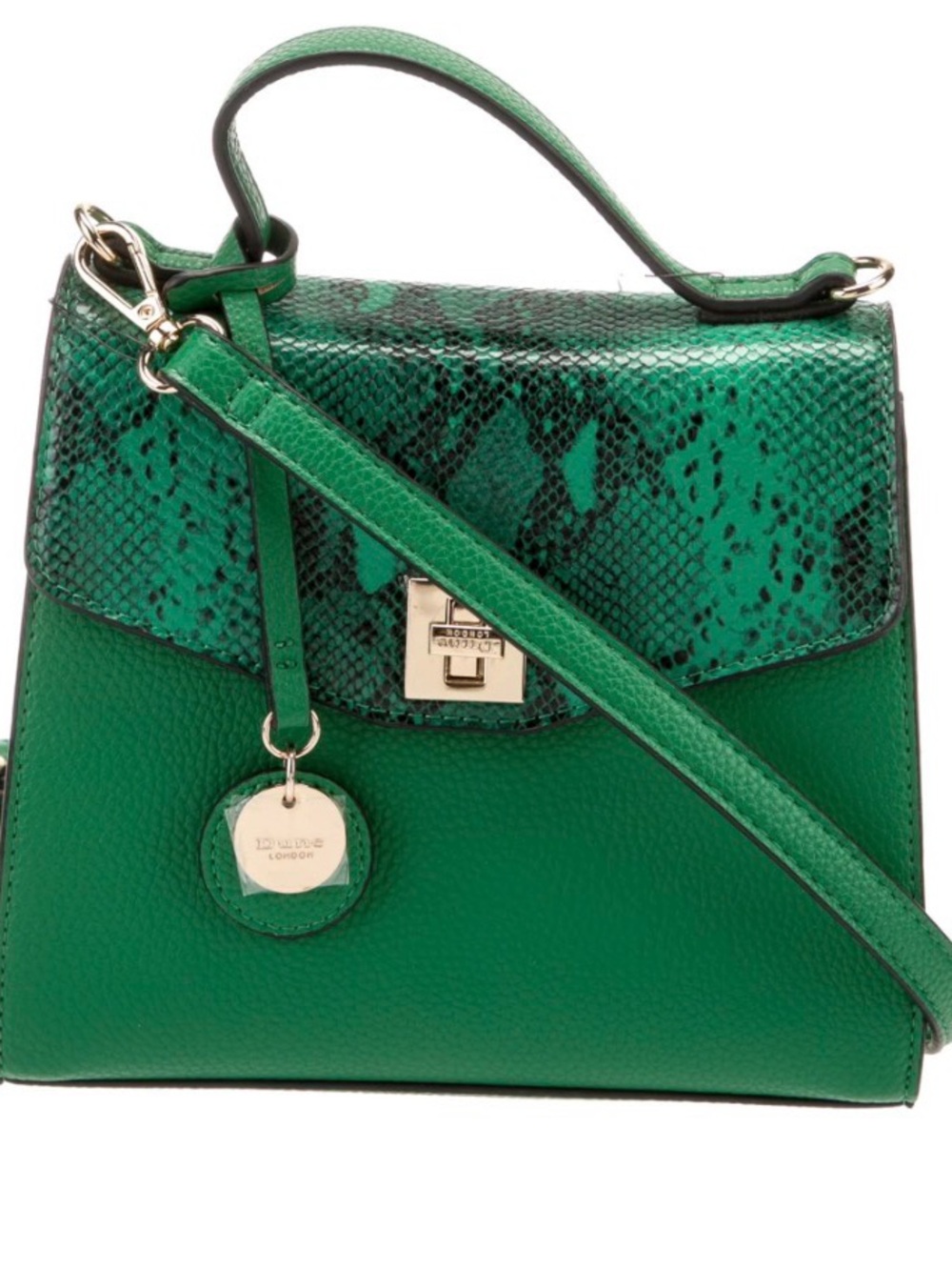 Dune London Green Top-Handle Satchel Bag with Snake-Print Detail